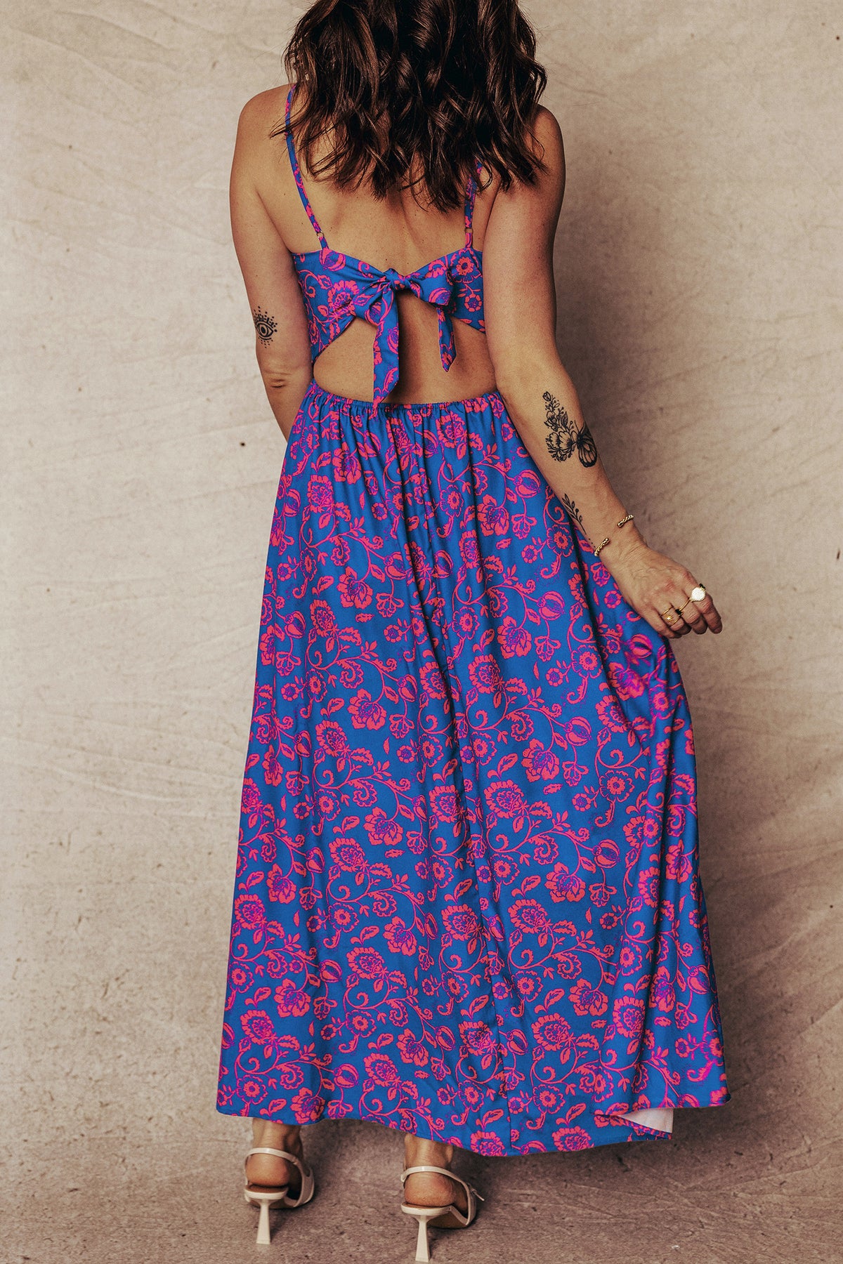 Azure Nights Blue & Pink Tie-Back Floral Maxi Dress — genuine garment reference photo; supplier-LC6127421-P520