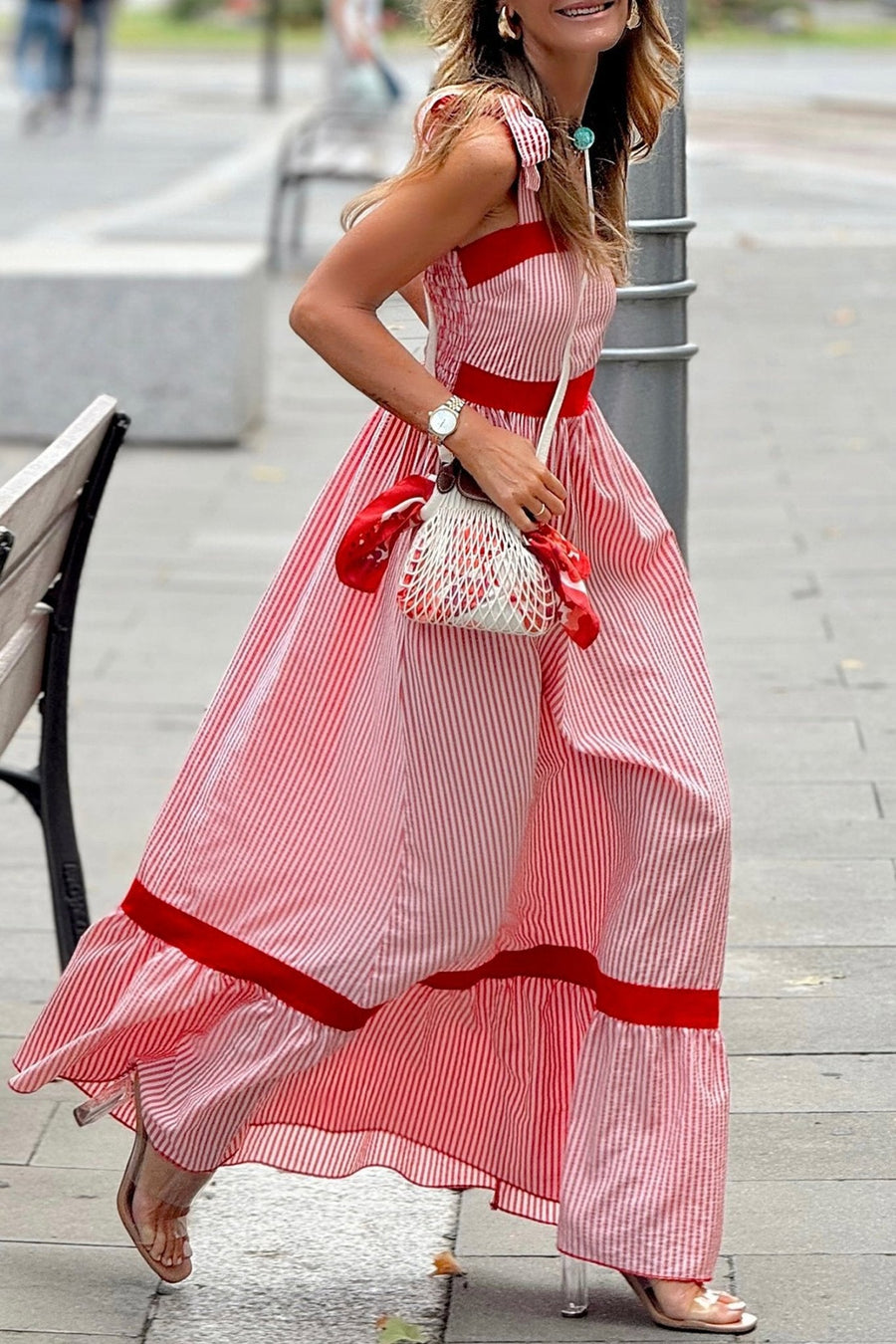 Amalfi Red Stripe Bow-Strap Maxi Dress