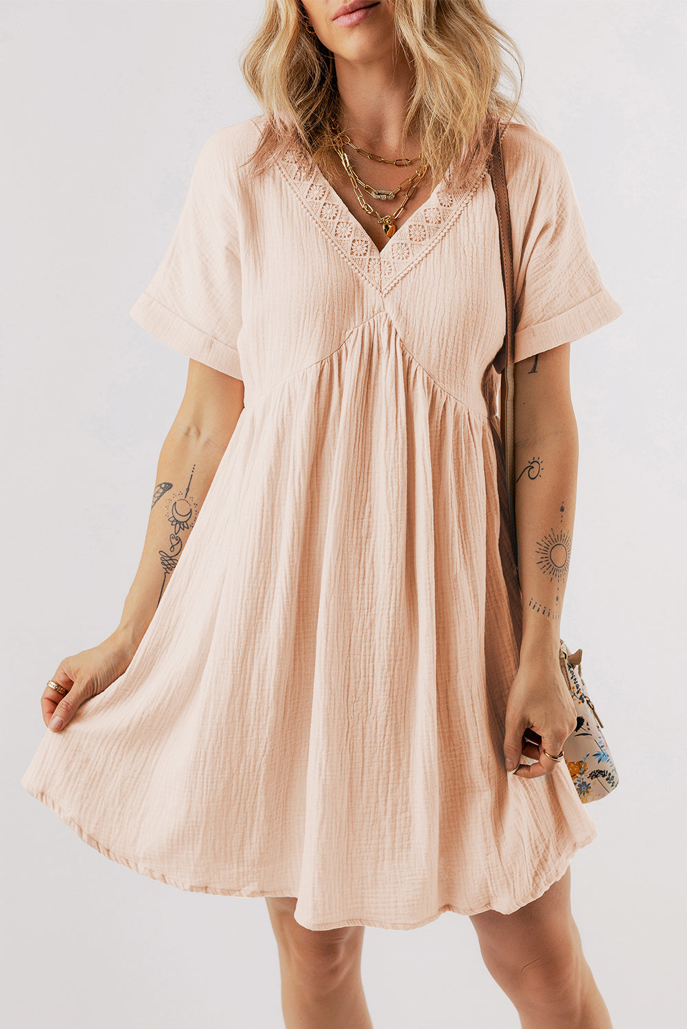 Sand Dune Cotton Lace V-Neck Mini Dress — matching garment product photograph