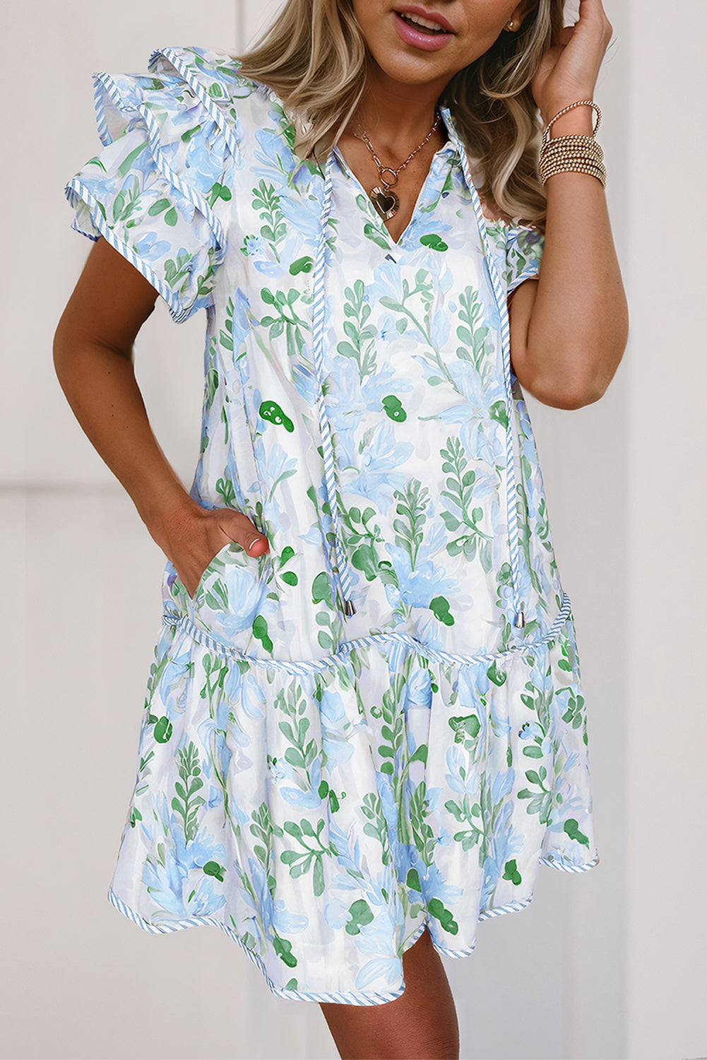 Blue Garden Contrast-Trim Flutter Sleeve Mini Dress — exact garment supplier photography